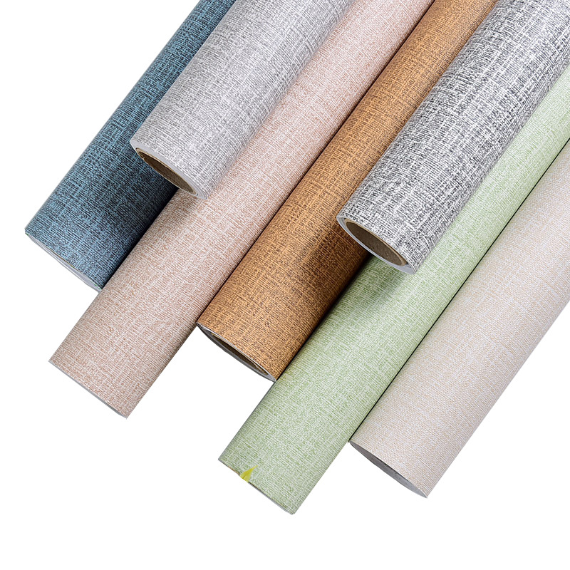 Cross-Border small roll PVC linen self-adhesive solid color cloth pattern wallpaper waterproof wall covering dormitory bedroom living room wall wallpaper