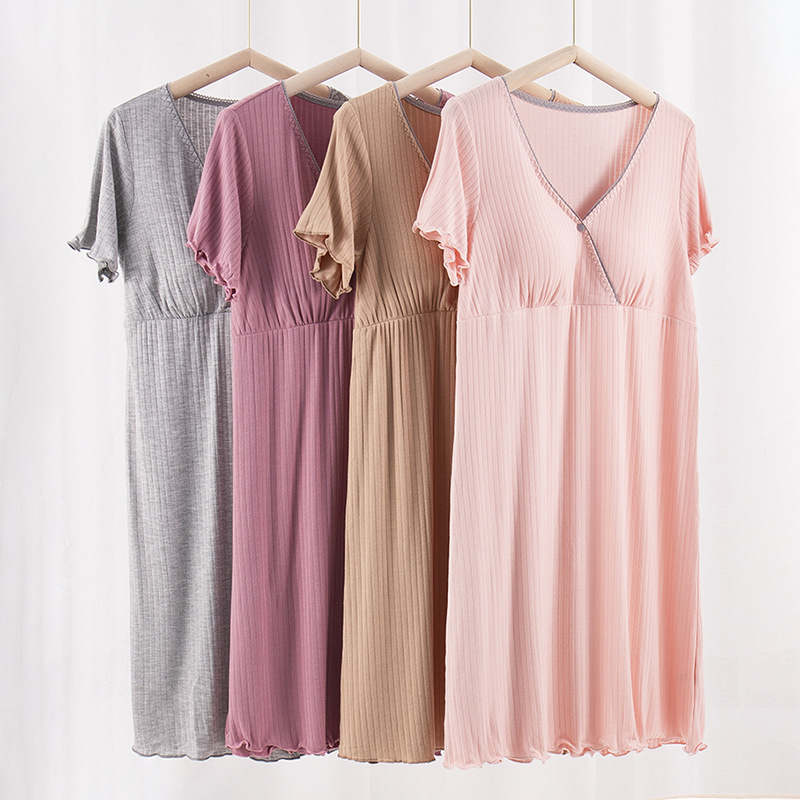 Nursing Dress V-Shaped Cross Neckline Home Confinement Clothing Can Be Inserted into the Cup Nursing Pajamas Fashionable and Versatile
