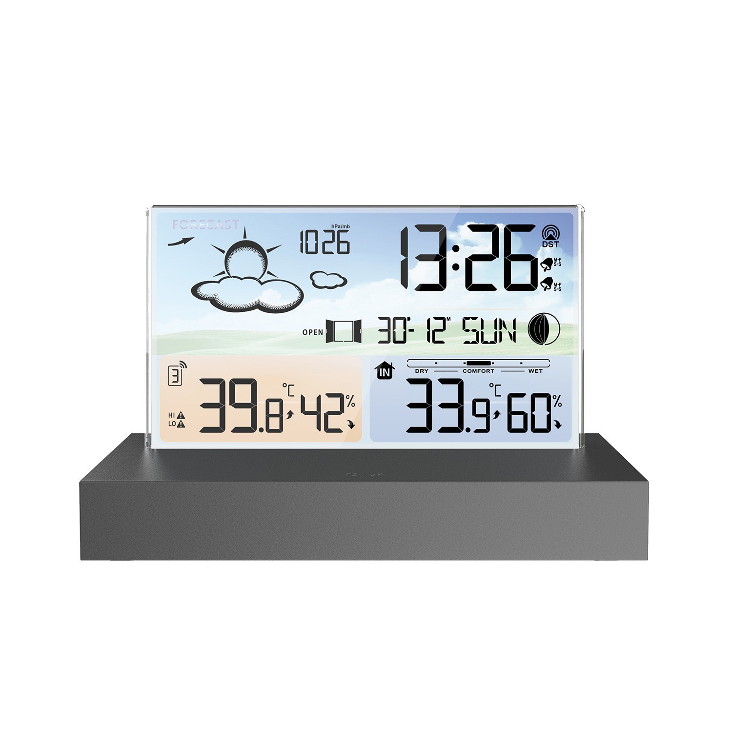 Cross-Border New Product Transparent Glass Weather Clock 3396C Color Screen Rf Wireless Multi-Function Weather Forecast Digital Alarm Clock