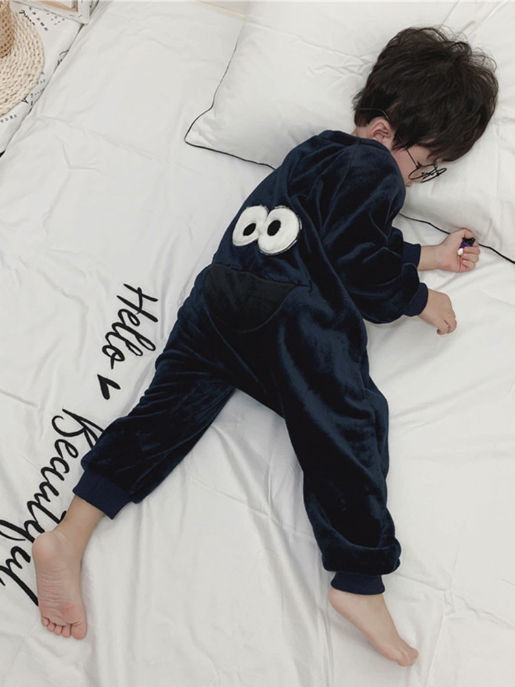 Black Adam Children's Coral Fleece Jumpsuit Autumn and Winter Sesame Street Pajamas Children's Baby's Flannel Home Clothes