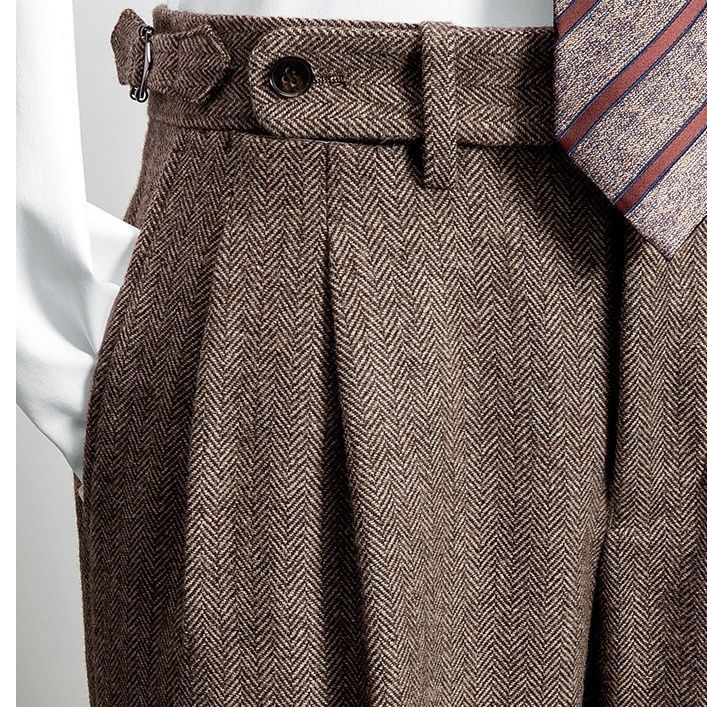 Naples Pants Men's Italian High-Waist Slim Wool Trousers Handmade Tweed Double Pleated Casual Straight Long Pants
