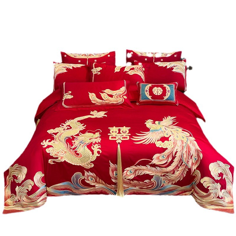 New Chinese Style Accompanying Dragon and Phoenix Embroidered Quilt Cover Wedding Bed Red Four-piece Set Thickened Sanding Bedding Wedding Room Supplies