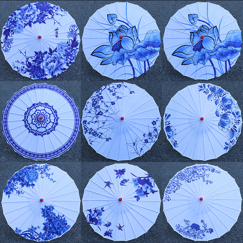 Blue and White Porcelain Ceiling Decoration Dance Hanfu Cheongsam Silk Cloth Umbrella Craft Oil Paper Umbrella Decorative Umbrella Classical Style