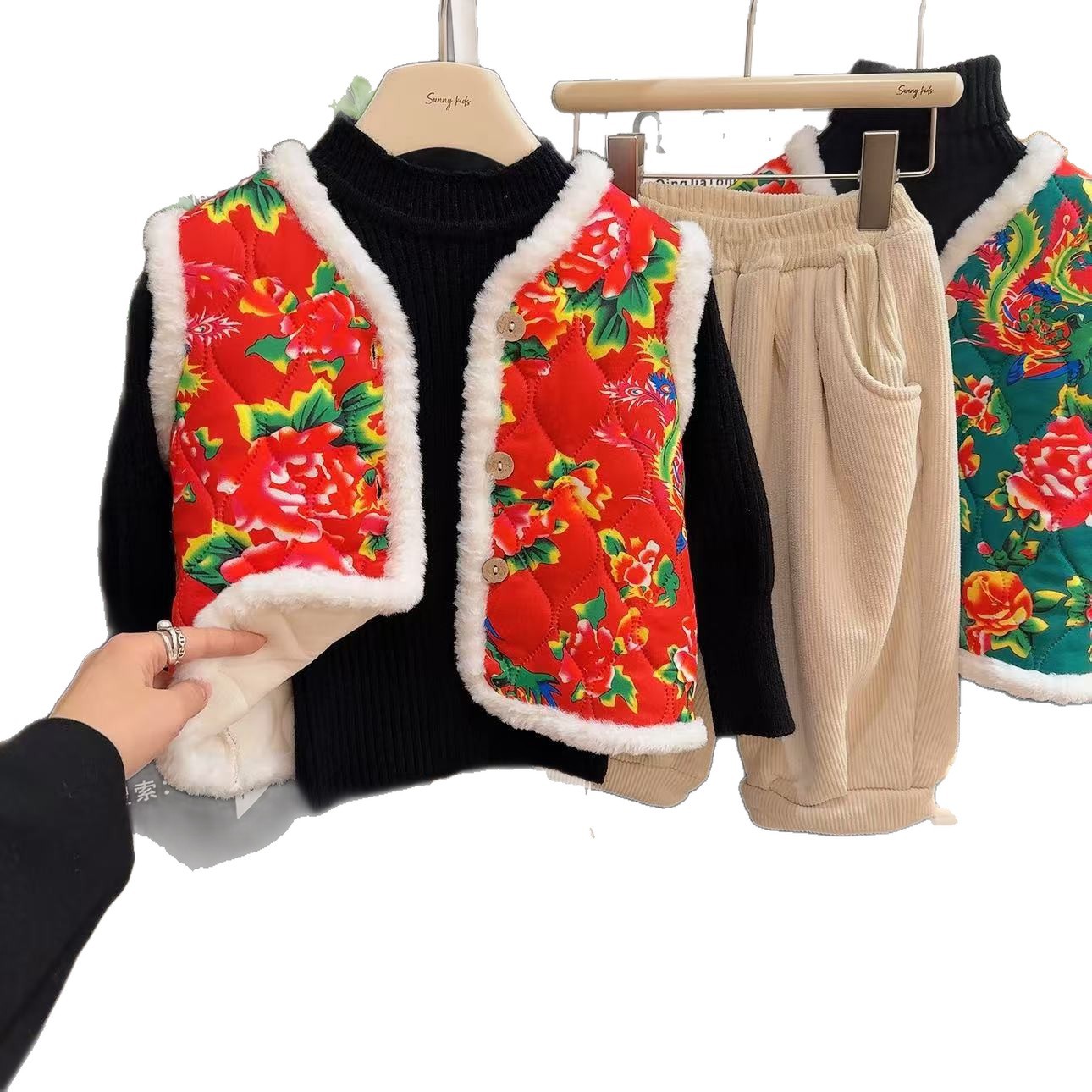 Children's Cotton Vest for Autumn and Winter, Fleece-Lined and Thickened, Printed Warm Vest, Chinese Style Baby New Year Outfit, Floral Cardigan