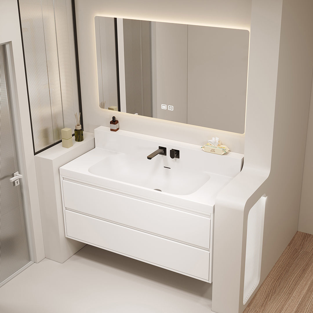 Japanese-Style Bathroom Cabinet Set 73/83/93/103/113 Wall-Mounted Faucet Rock Slab Seamless Basin Solid Wood Washstand