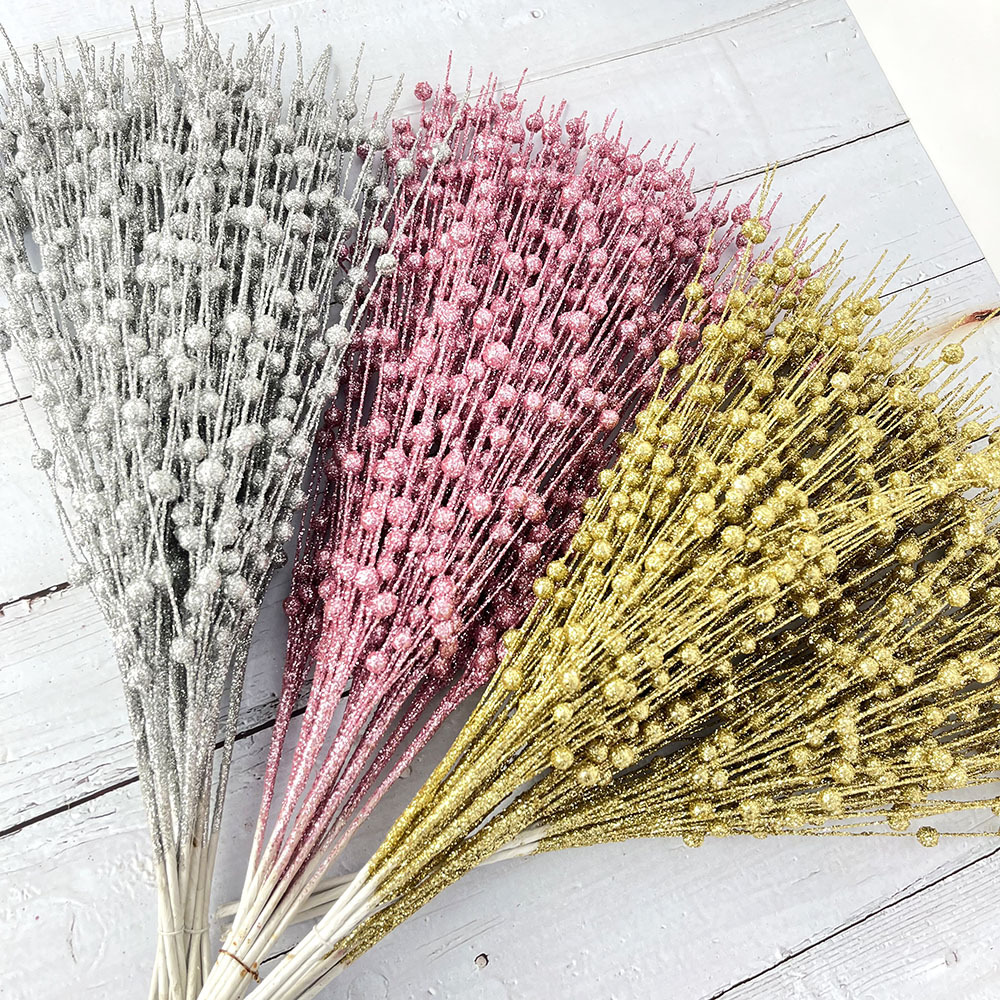 Christmas Decoration Gold Powder Berry Ball Bunch 43 cm 12 Forks Artificial Glitter Stem Decoration Beaded Fake Flower Rattan