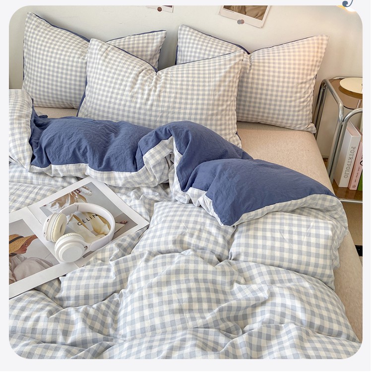 Ins Fengshui Wash Cotton Plaid Quilt Cover Single Piece 150x 200x 230cm Single Quilt Cover Dormitory Single Three Piece Set