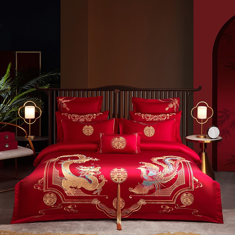 Комплект из четырех предметов из 100% хлопка, свадебное приданое, десятипредметный комплект, китайский стиль, вышитое покрывало, свадебное постельное белье, дракон и феникс
