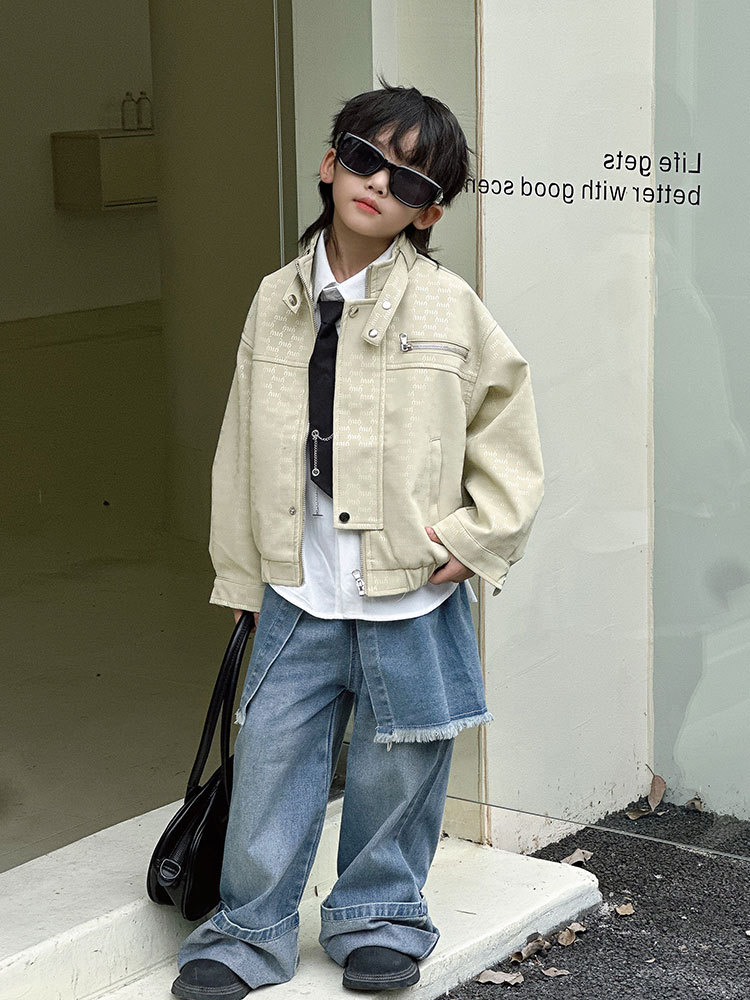Boys' Leather Jacket Set 2025 Autumn New Style Children's Letter Leather Jacket Stylish Children's Clothing Outerwear Wholesale Trendy