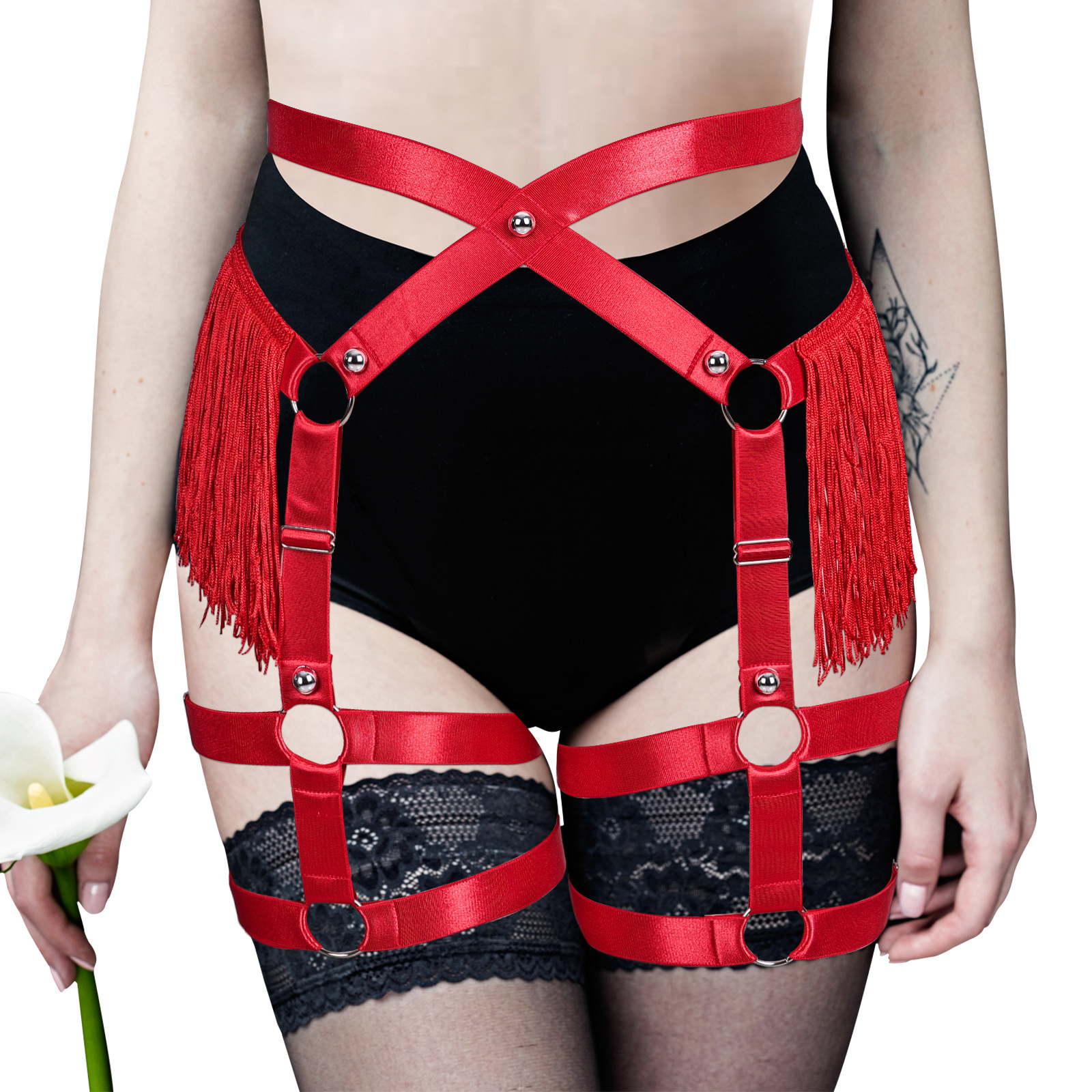 Юбка с кисточками в европейском и американском стиле, с ремнями на бедрах, высокая талия, женский аксессуар для Хэллоуина, панк-одежда с вырезами