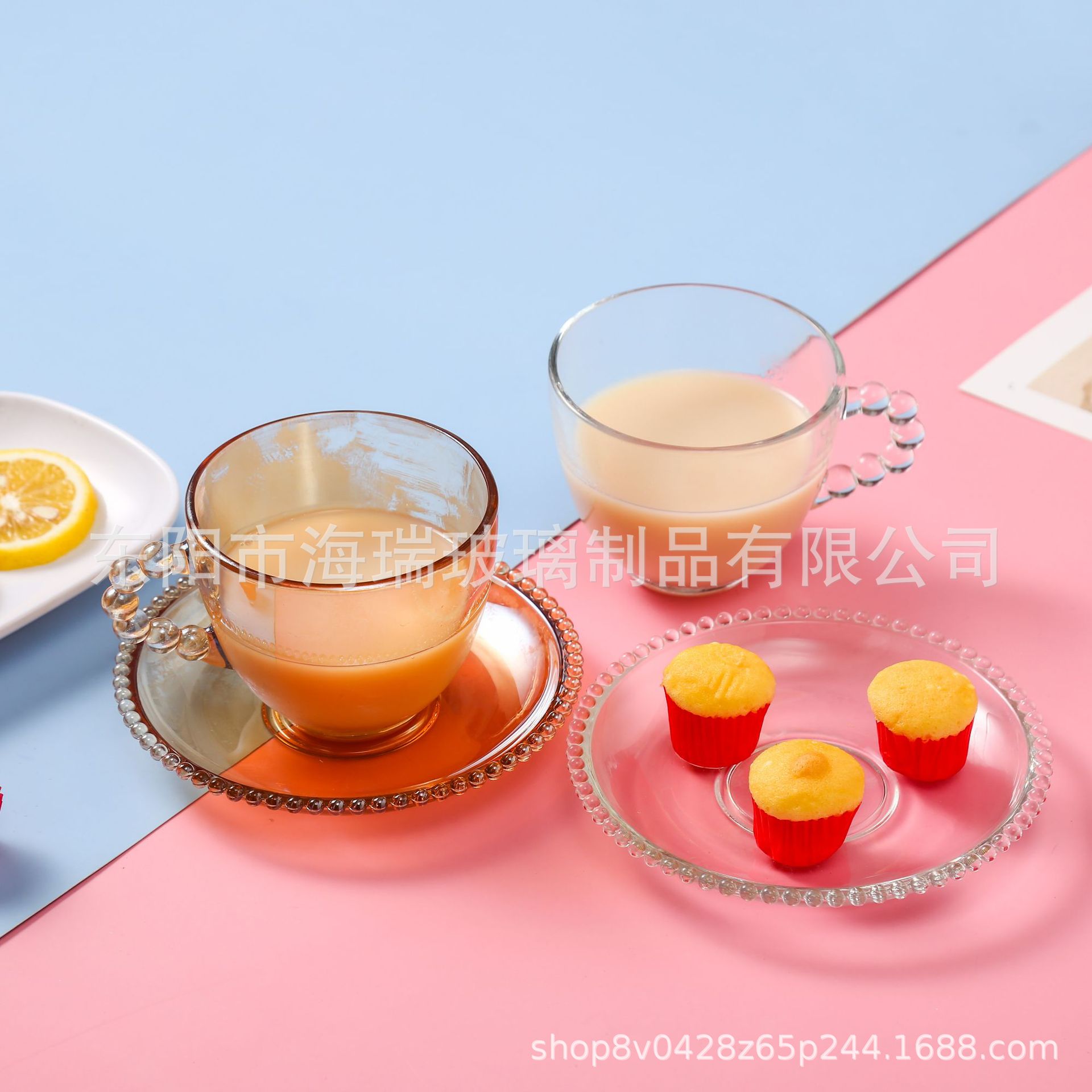 Factory wholesale with handle pearl edge transparent coffee cup saucer casual bar coffee shop net red glass
