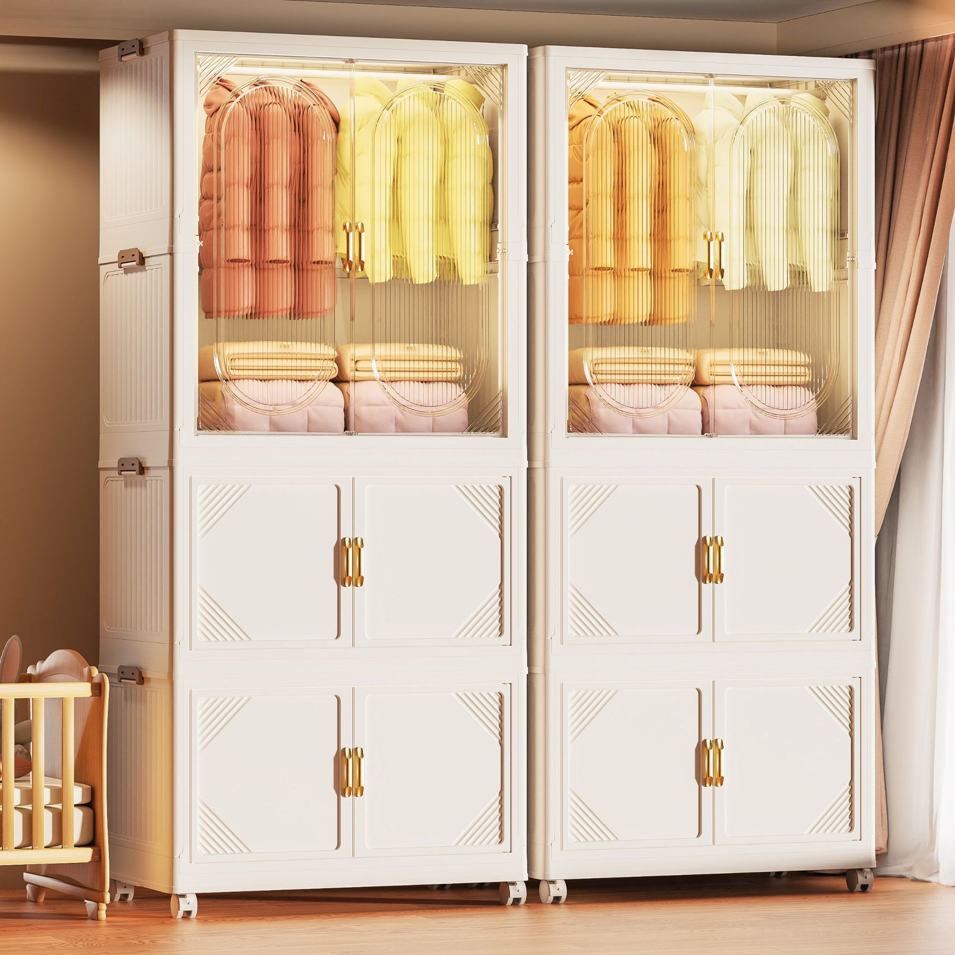 Household Plastic Folding Wardrobe, Installation-Free Double-Door Baby Folding Box, Wardrobe Small Apartment Storage Cabinet