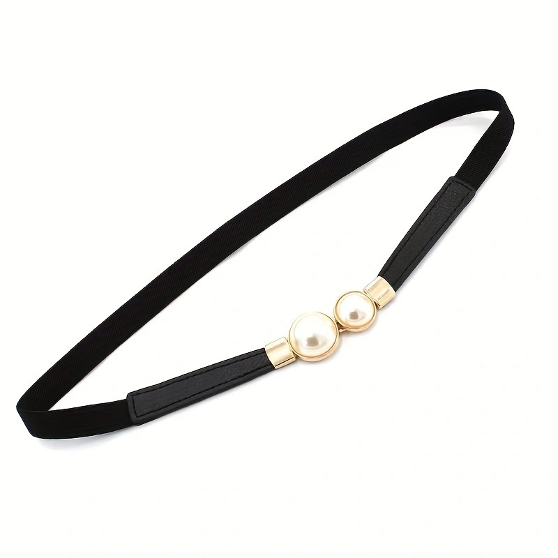 Fashion Pearl Thin Belt Women's Decorative Waist Seal with Skirt Vintage Elastic Narrow Belt All-match Belted Waist Black