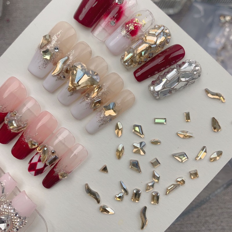 Mini small size flat shaped diamond large champagne color nail drill horse eye love k9 glass nail jewelry wholesale