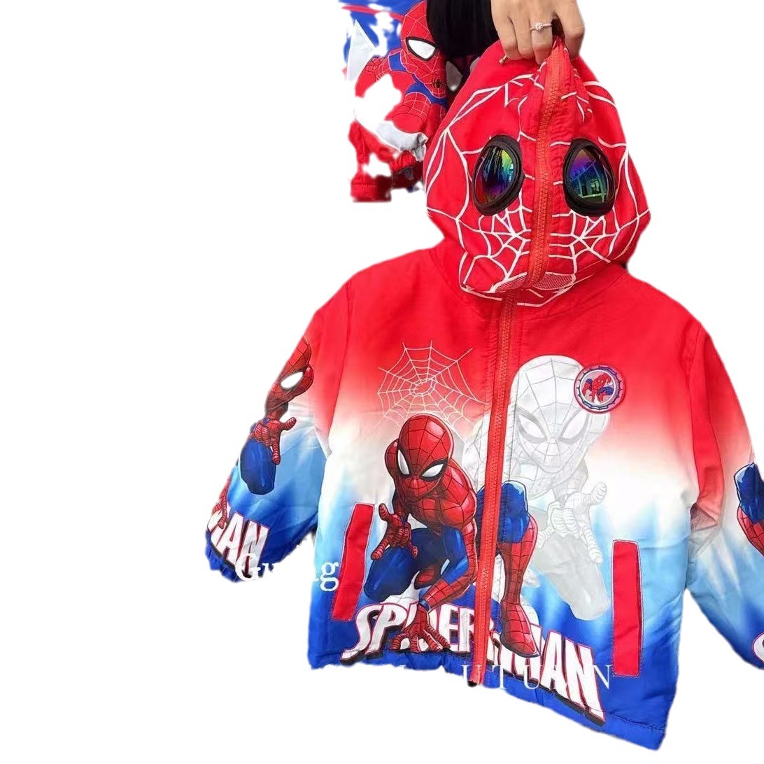 Boys' Spider-Man Jacket, Autumn and Winter Style, Fleece-Lined for Warmth, 2025 New Model, Stylish Cartoon Children's Hooded Jacket with Glasses