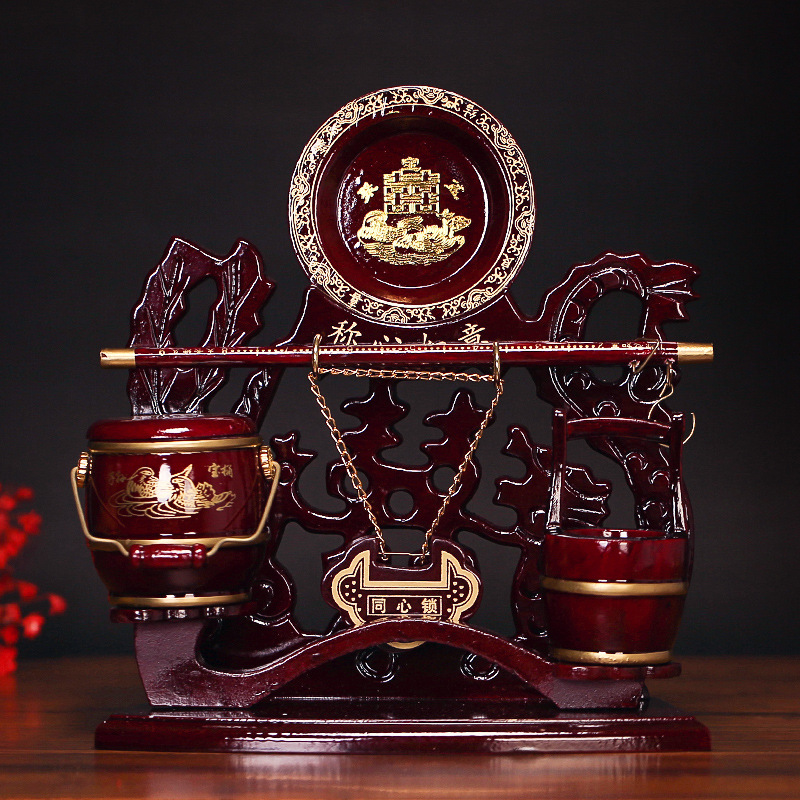 Three-Piece Solid Wood Redwood Small Set for Weddings, Wedding Toilet with Concentric Lock, Dowry Decoration