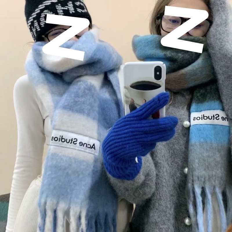 Autumn and Winter New Thickened Warm Rainbow-Colored Plaid Scarf European and American Loop Yarn Thick Tassel Color-Blocking Shawl