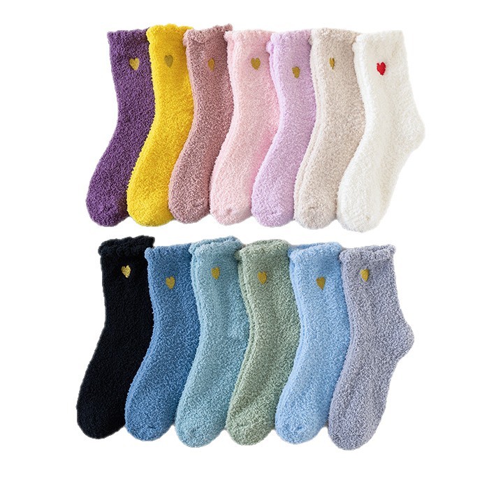 Cross-Border Autumn and Winter New Coral Velvet Socks Thickeneded Floor Socks Japanese Style Embroidered Heart Home Socks Warm Sleep Socks