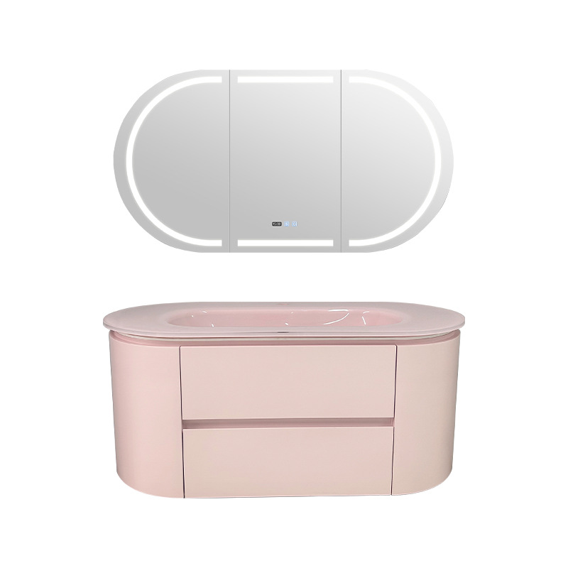 Bowiya Pink Bathroom Cabinet Mirror Cabinet Combination Customized Solid Wood Washbasin Tempered Glass Integrated Basin Bathroom Cabinet
