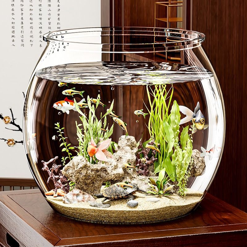 Round Fish Tank, Plastic One-Piece Design, Anti-Fall, Durable, High Transparency, Imitation Glass, Small Desktop Ecological Tank for Living Room