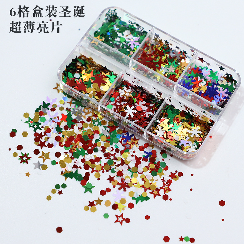 Cross-Border New 6-Grid Boxed Ultra-Thin Christmas Snowflake Christmas Nail Art Sequins White Snowflake Christmas Glitter