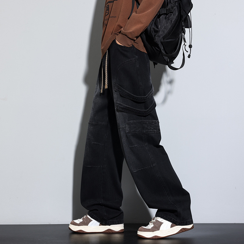 Jyf-M8827 Retro Workwear Elastic Jeans Men's 2025 Autum American Washed Loose Straight Wide Legs