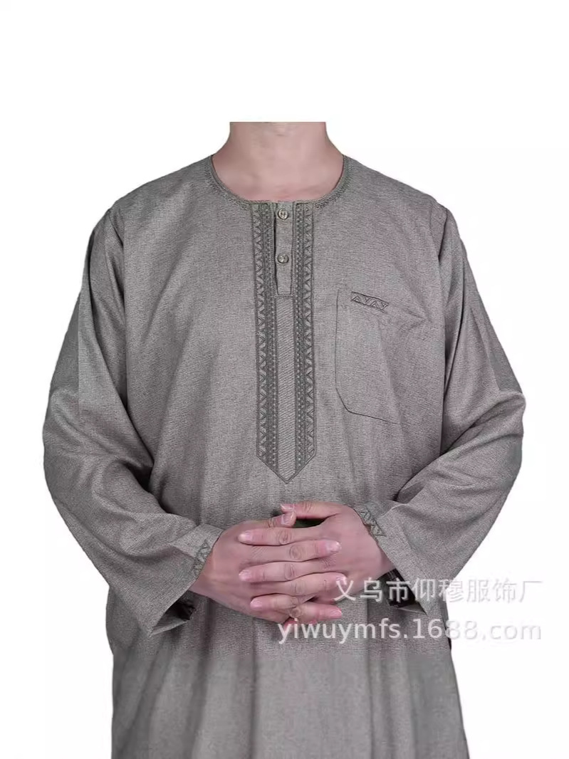 Long-Sleeved Cotton and Linen Cross-Border Trade Factory Direct Sale Round-Neck Exquisite Embroidery Moroccan Style Men's Shirt with Buttoned Pockets