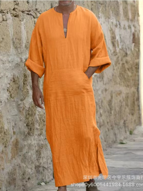 2024 cross-border Amazon new men's long cotton and hemp T Middle East long large T long sleeve Middle East hot