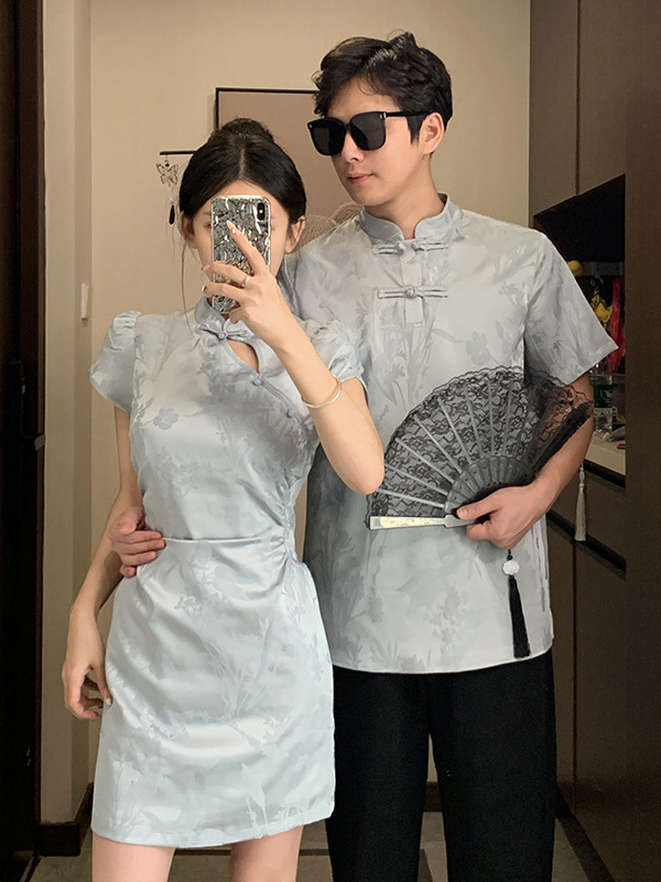New Chinese-Style Freesia Couple Outfit, National Style Improved Jacquard One-Piece Dress, Short Waist-Cinching Stand-Collar Cheongsam Dress