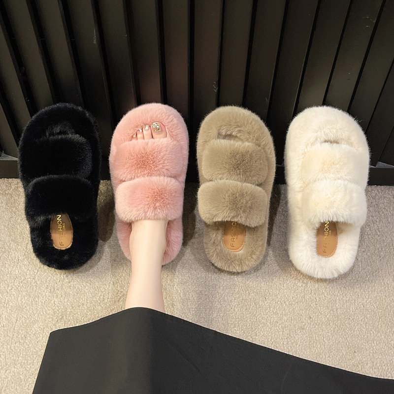 Cross-border foreign trade wholesale thick-soled 7cm plush slippers for women autumn and winter can be worn outside plus size warm home non-slip cotton slippers
