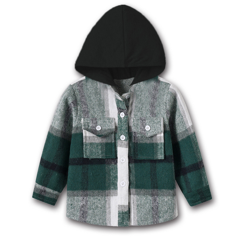 Spring New Children's Tops, Foreign Trade Unisex Hooded Long-Sleeve Brushed Plaid Shirt Jacket, Trendy Style for Older Children