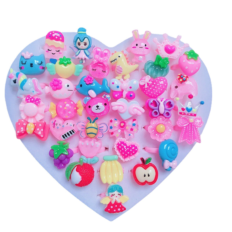 Children's Korean-style Cartoon Resin Gem Ring Children's Alloy Plastic Rhinestone Ring Jewelry Little Girl's Toy