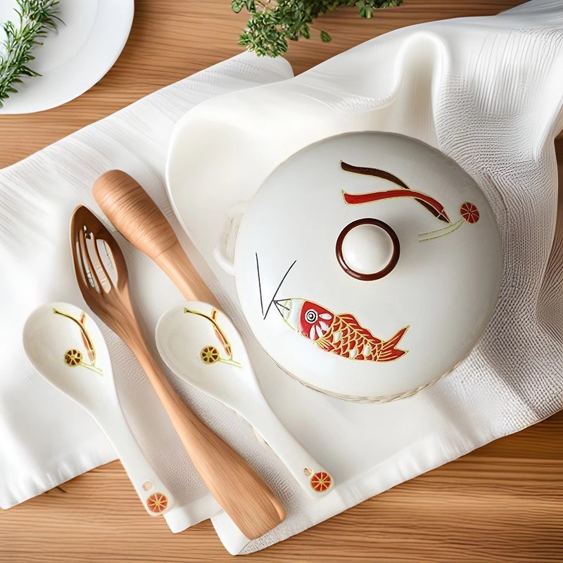 Japanese Underglaze Ceramic Stew Pot Hand-Painted Carp Relief Water-Proof Stew Pot with Lid Buddha Jumping Wall Dessert Bird's Nest Soup Cup