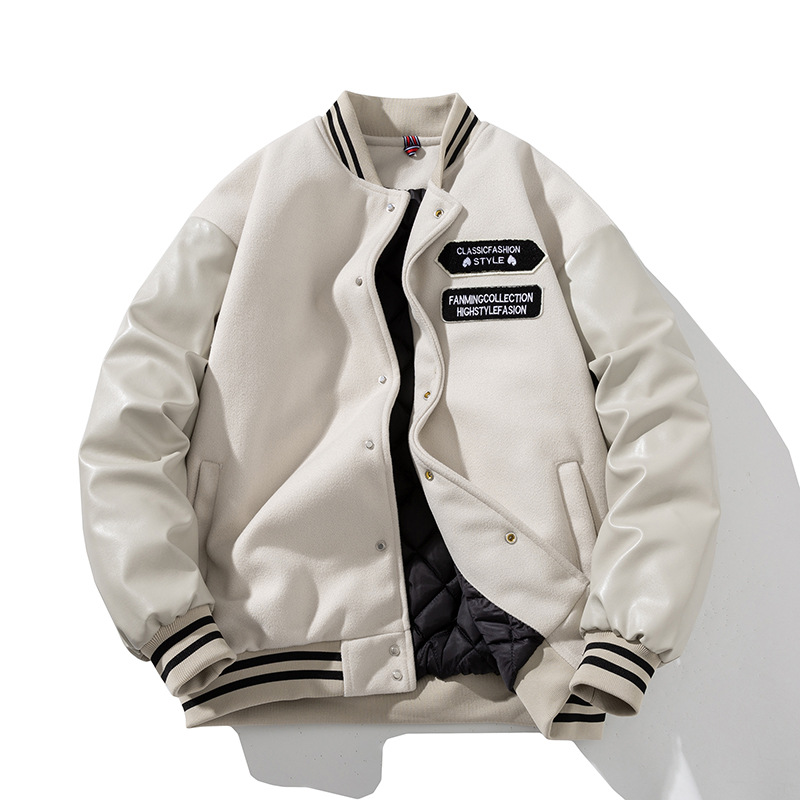 American retro motorcycle baseball uniform men's embroidered couple woolen PU leather jacket cotton and thickening coat fashion