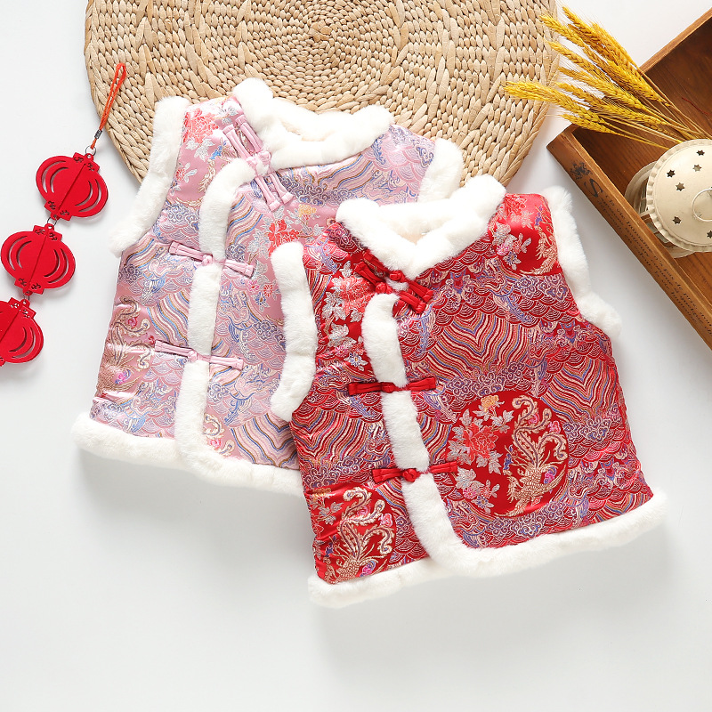 Chinese-style annual clothing children's waistcoat for boys and girls plus velvet padded vest festive New Year outfit Tang suit waistcoat factory wholesale