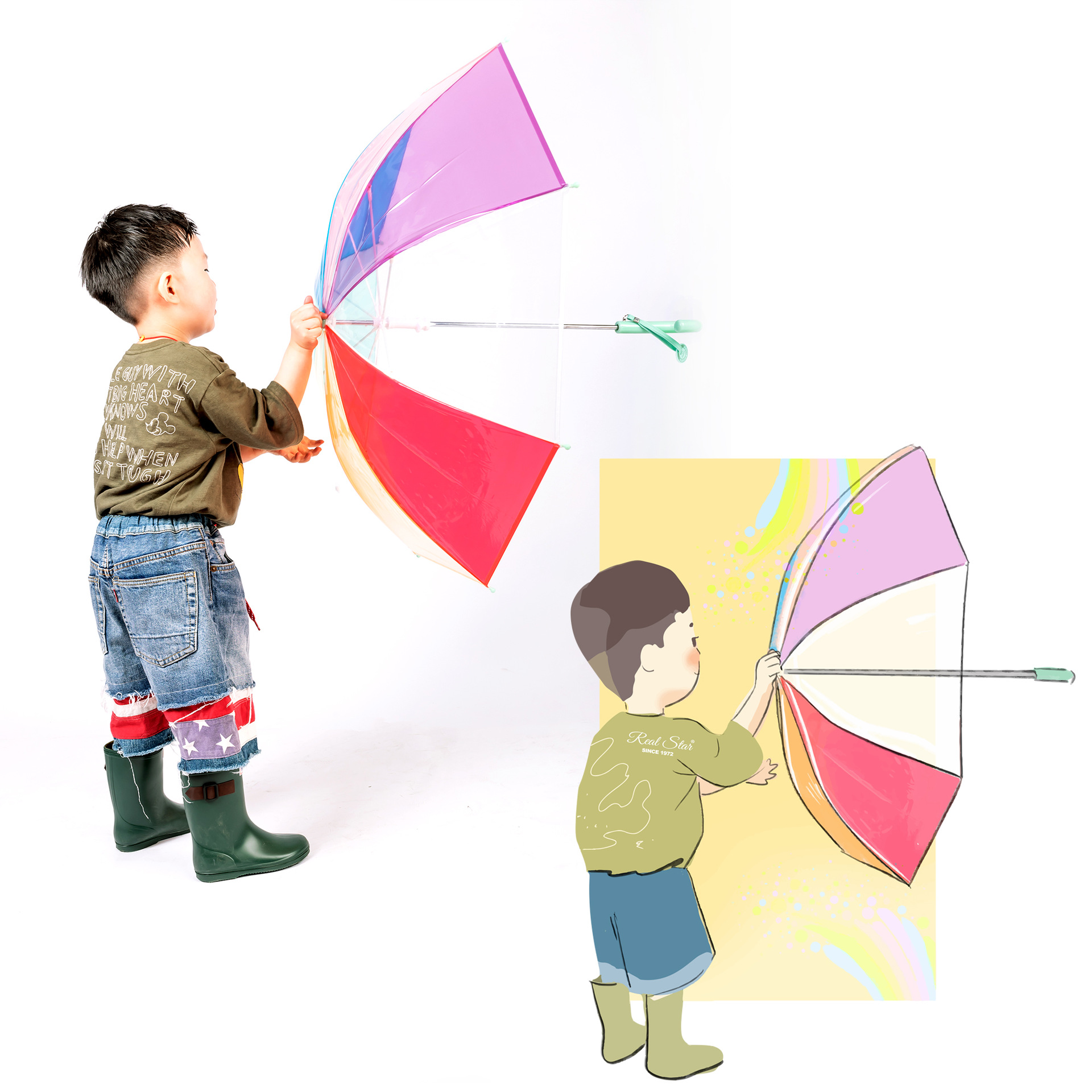 Children's new rainbow umbrella full fiber anti-fall no switch push-pull manual colorful umbrella spot wholesale