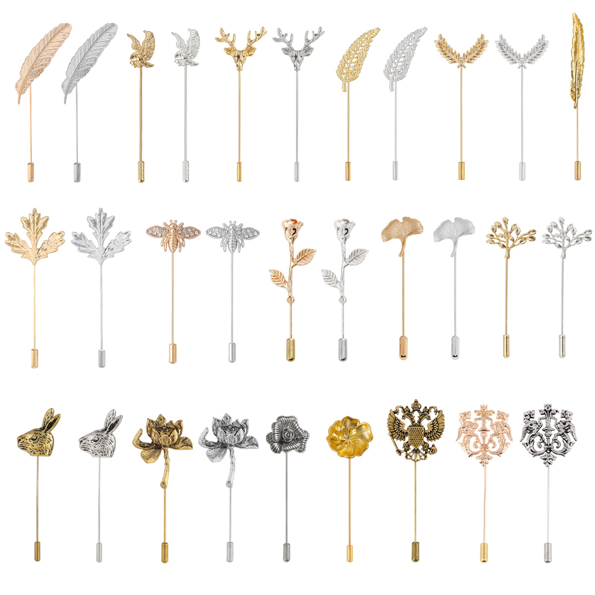 Fashionable and Unique Minimalist Leaf, Feather, Reindeer Head, Rabbit, Bee, Rose Flower Brooch Pin Badge Accessory