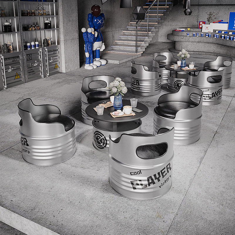 Iron Deck Sofa Rest Industrial Style Creative Oil Barrel Coffee Table Sofa Retro Bar Milk Tea Shop Table and Chair Combination