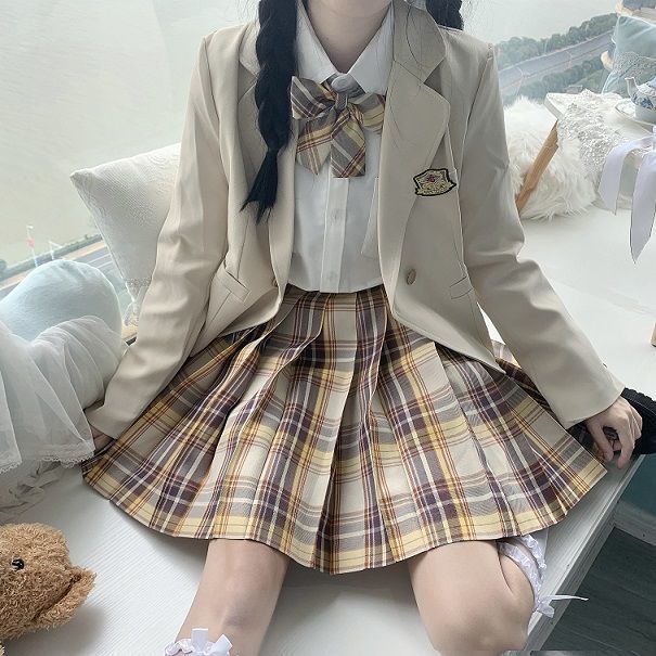 Japanese-Style Short One-Button Suit with Forest Letter Pattern Skirt Set, School Style Jk Uniform Two-Piece Suit