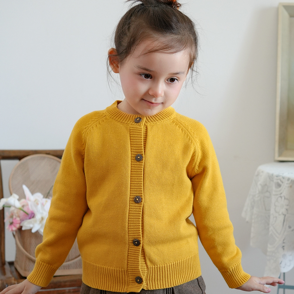 2025 Spring and Autumn Children's Wear Round Neck Solid Color Children's Knitted Cardigan All-match Cotton Throat Sweater Long Sleeve Jacket for Boys and Girls
