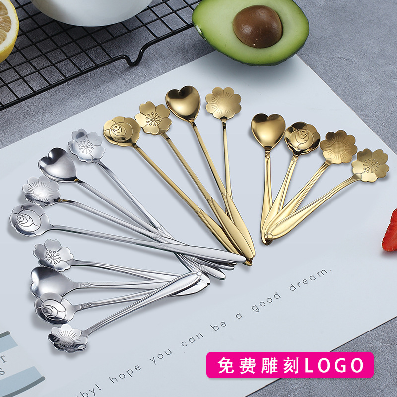 Ложка для кофе из нержавеющей стали, ложка в форме сердца с розами, длинная ручка, маленькая ложка для размешивания, свадебный сувенир в виде золотого гнезда