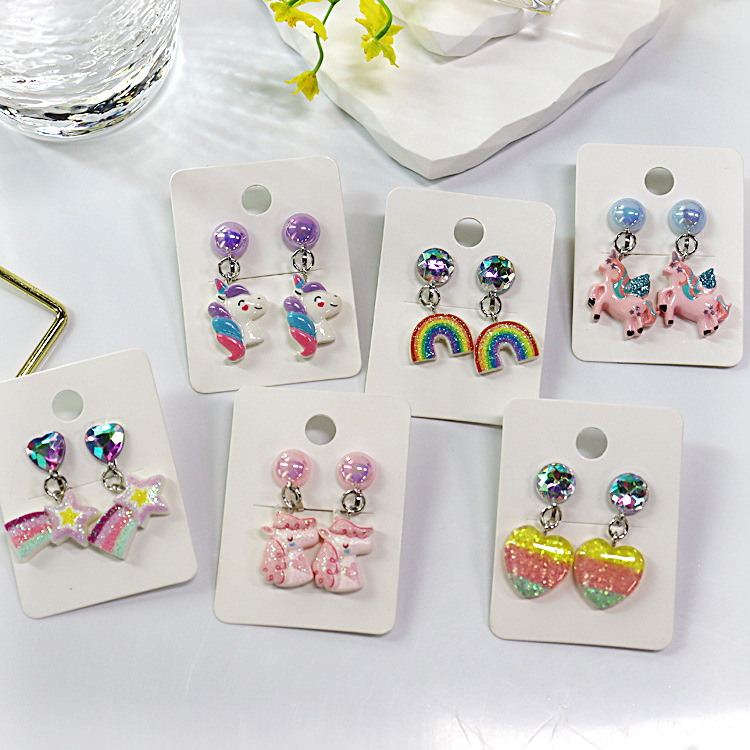 [Can] Cross-Border Hot-Selling Kidsren's Ear Clips Without Pierced Pendant Earrings Unicorn Earrings Cartoon Earrings Wholesale