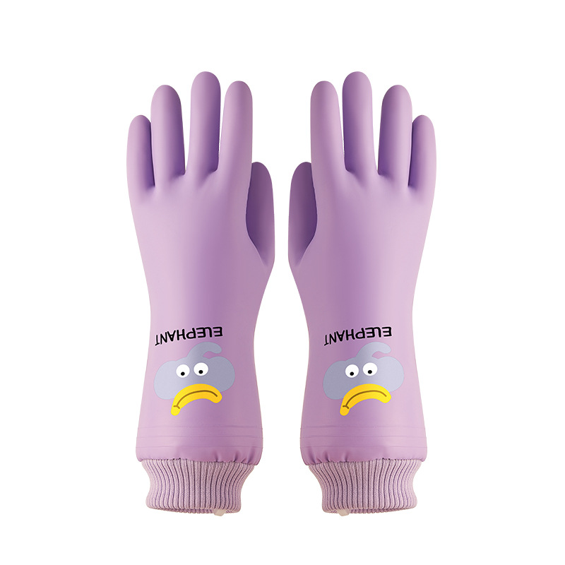Housework Cleaning Dishwashing Gloves Threaded Elastic Fleece-Lined Rubber Latex Waterproof Anti-Slip Laundry Household Female Kitchen