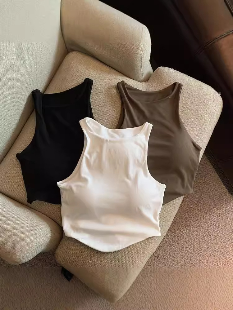 Cross-border American-style Summer Sweet Hot Girl Short Sleeveless Vest with Chest Pad Sexy Beautiful Back Navel Top for Women