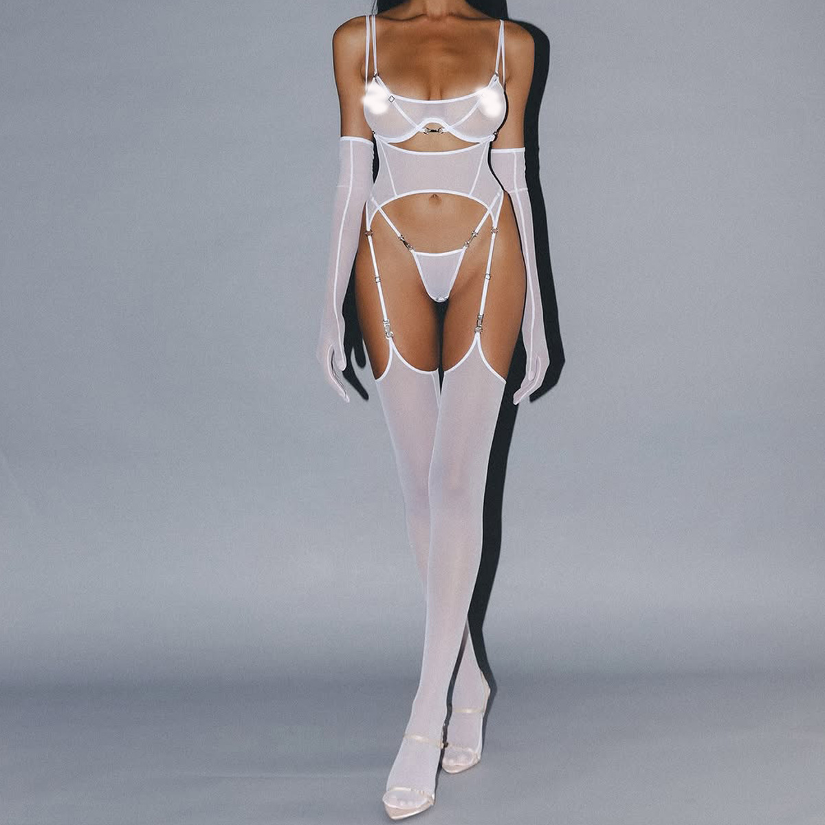 2025 European and American Cross-Border High-Quality Comfortable Mesh Breathable Stockings Body-Shaping Ultra-Thin Sexy Intimates Split Set