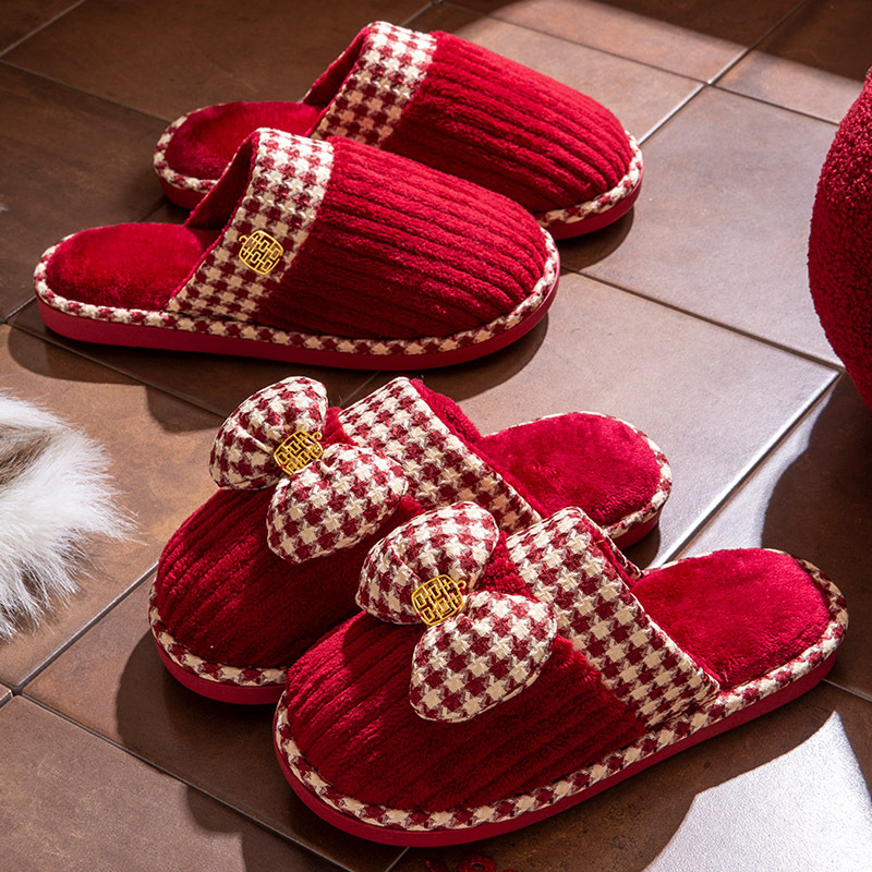 Wedding Slippers Festive Red Pair 2024 New Winter Home Accompanying Wedding Couple Newlywed Cotton Slippers