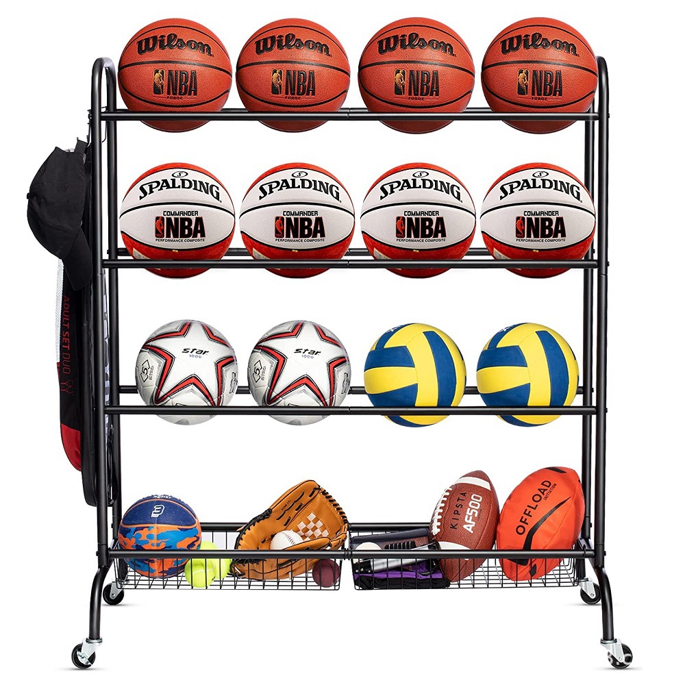 Четырехъярусный металлический органайзер для мячей с колесами