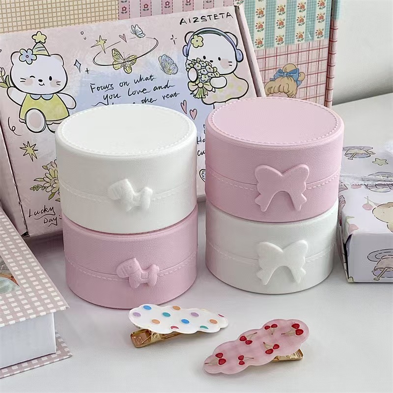 Small Jewelry Storage Box Single-Layer Round Bow Pony Pure Color with Lid Sticker Hairpin Portable Dust-Proof Box