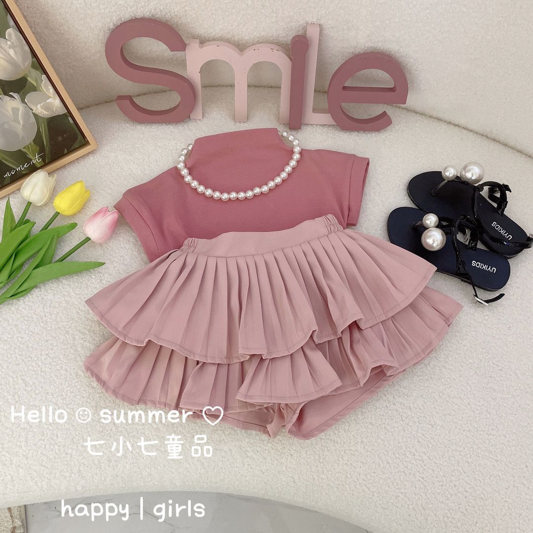 Baby Girl Summer Suit 2023 New Girls Summer Short-Sleeved Pleated Skirt Two-Piece Set Girls Summer Princess Skirt