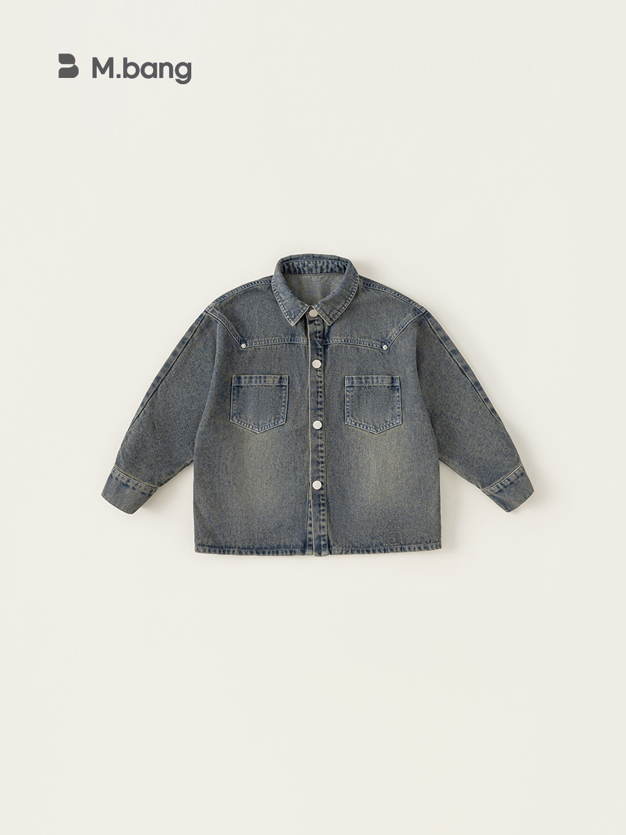 Boys' Denim Top for Older Children, Spring and Autumn Style with Rivets, Vintage Look, Long-Sleeve Shirt for Boys